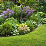 15391768 – lush landscaped garden with flowerbed and colorful plants